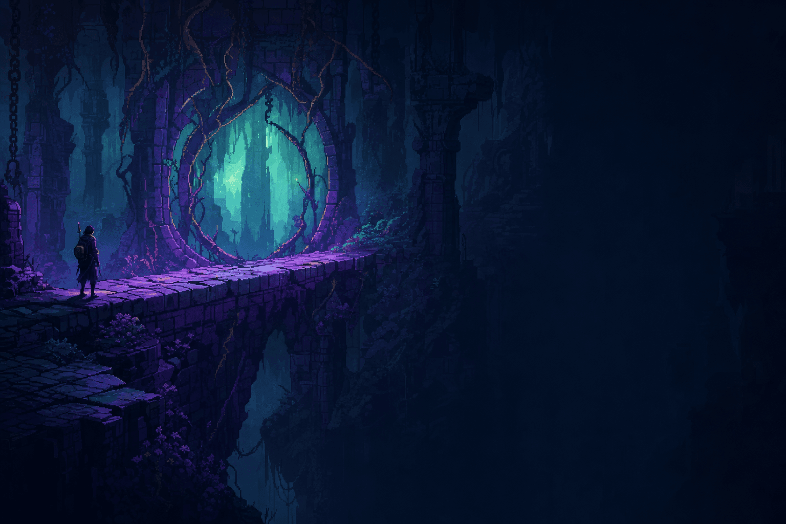 A lone explorer approaching a luminous portal on a broken bridge.
